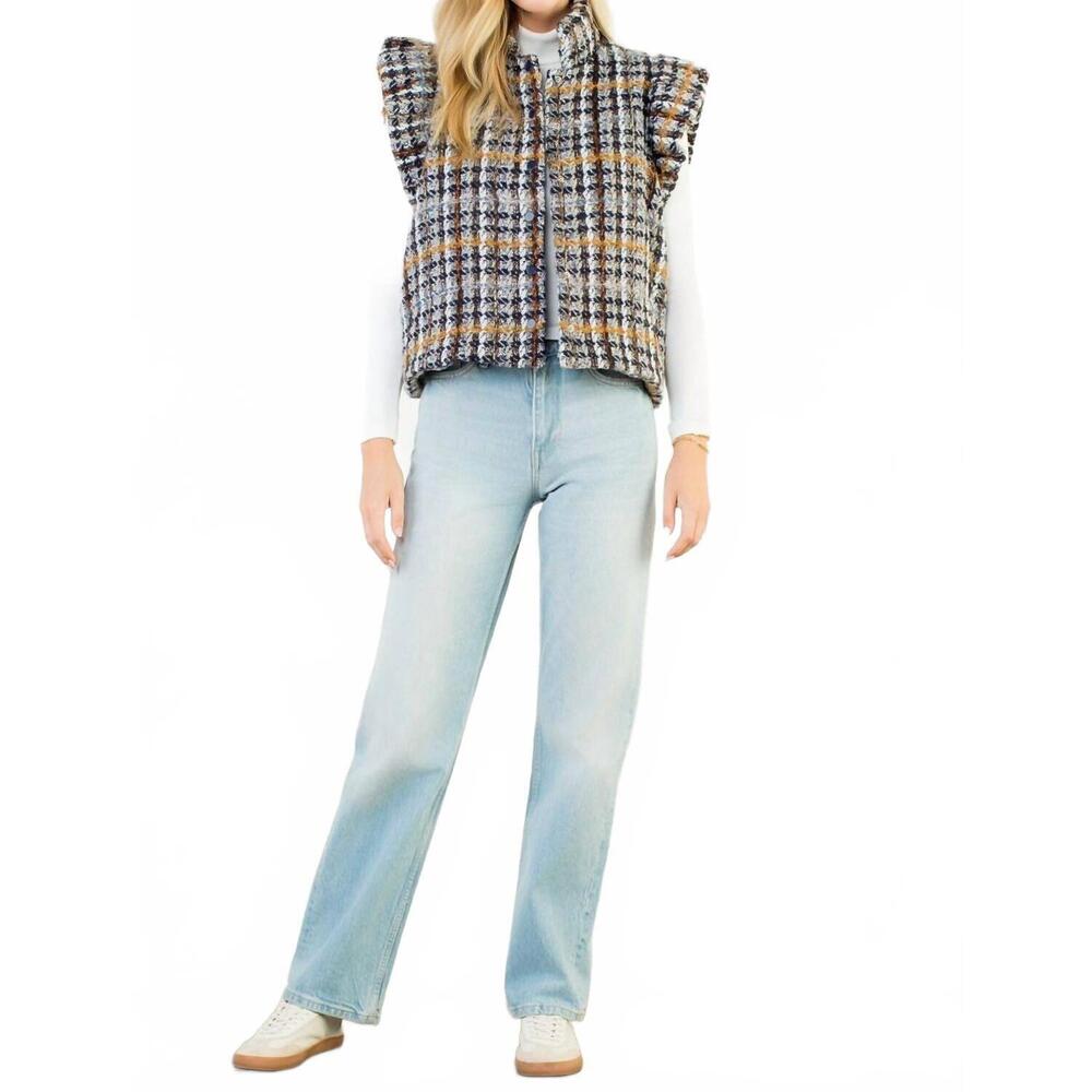 NEW THML plaid tweed collared vest in blue - Picture 4 of 6